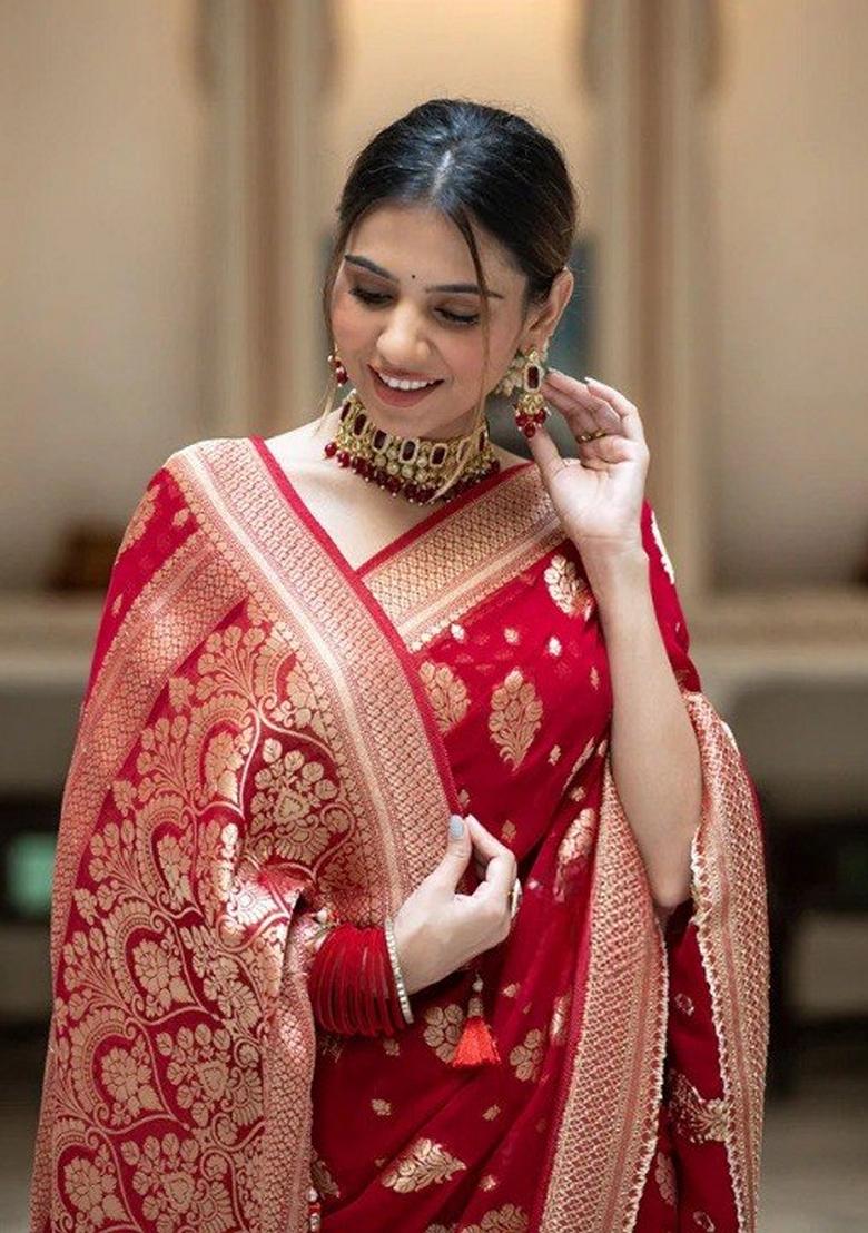 Red Jacquard Banarasi Silk Saree Set