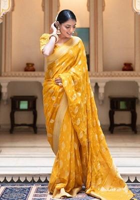 Yellow Jacquard Banarasi Silk Saree Set