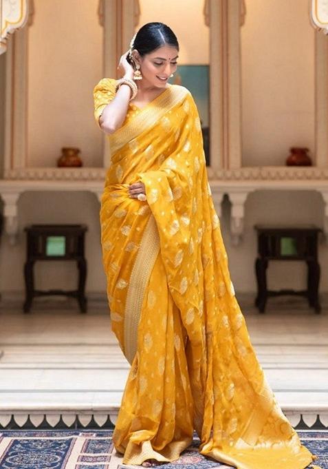 Yellow Jacquard Banarasi Silk Saree Set