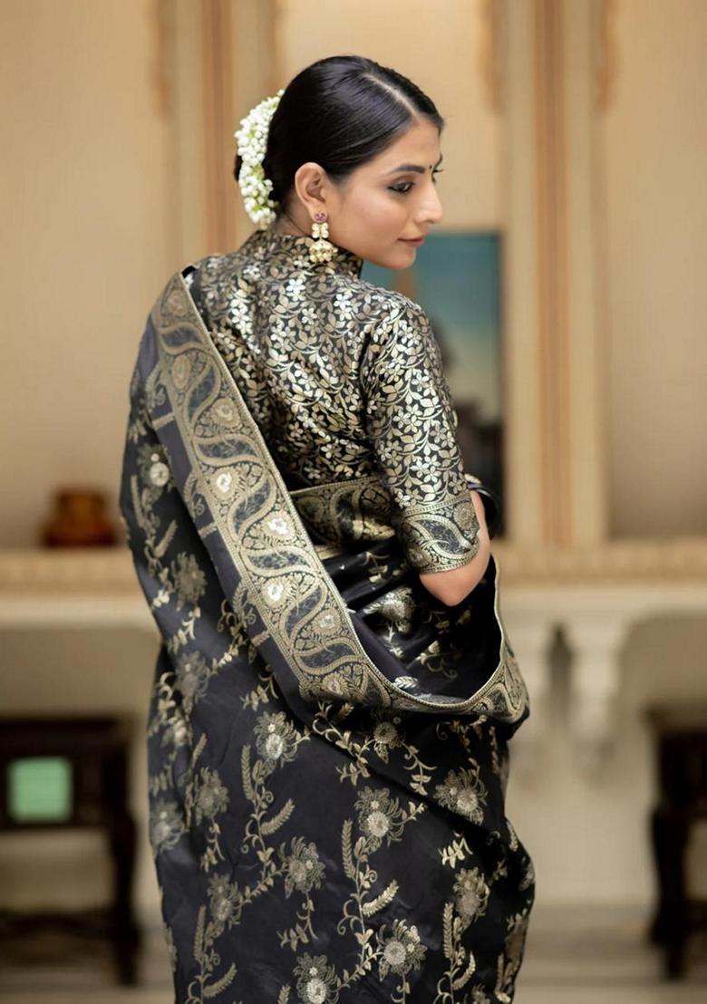 Black Jacquard Banarasi Silk Saree Set
