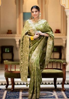 Mehendi Green Jacquard Banarasi Silk Saree Set