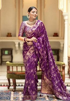 Purple Jacquard Banarasi Silk Saree Set