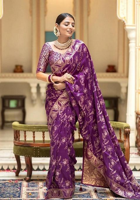 Purple Jacquard Banarasi Silk Saree Set