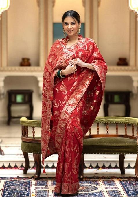 Red Jacquard Banarasi Silk Saree Set