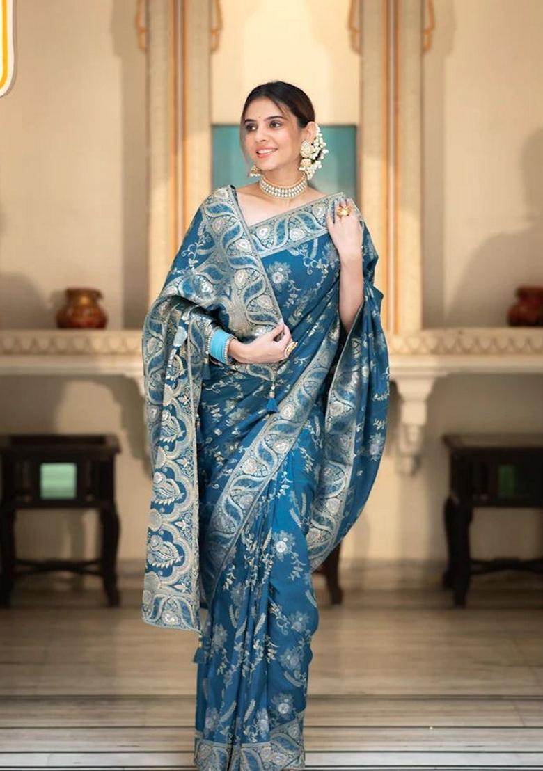 Teal Blue Jacquard Banarasi Silk Saree Set