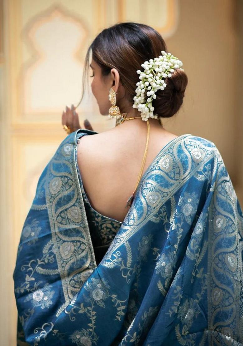 Teal Blue Jacquard Banarasi Silk Saree Set