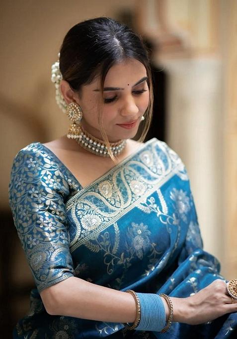 Teal Blue Jacquard Banarasi Silk Saree Set