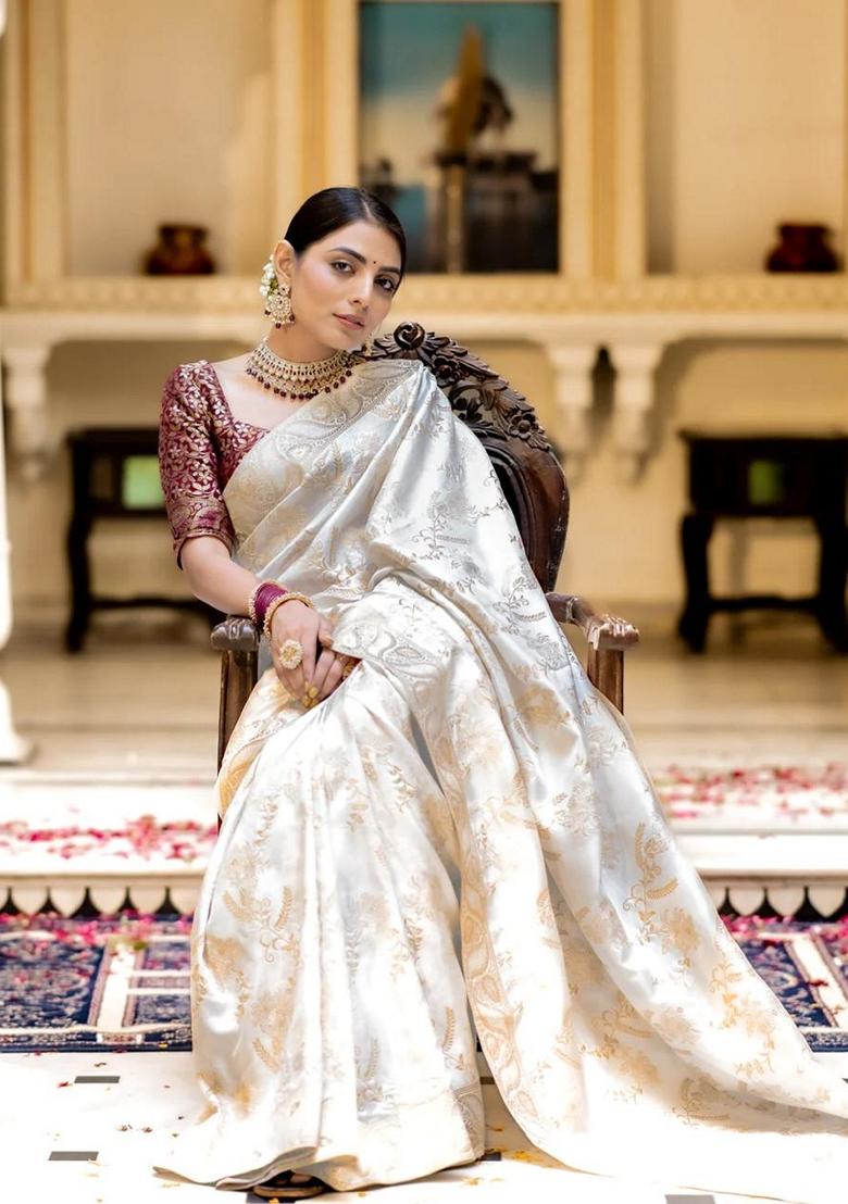 Cream Jacquard Banarasi Silk Saree Set