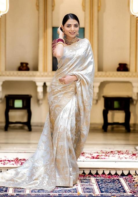 Cream Jacquard Banarasi Silk Saree Set