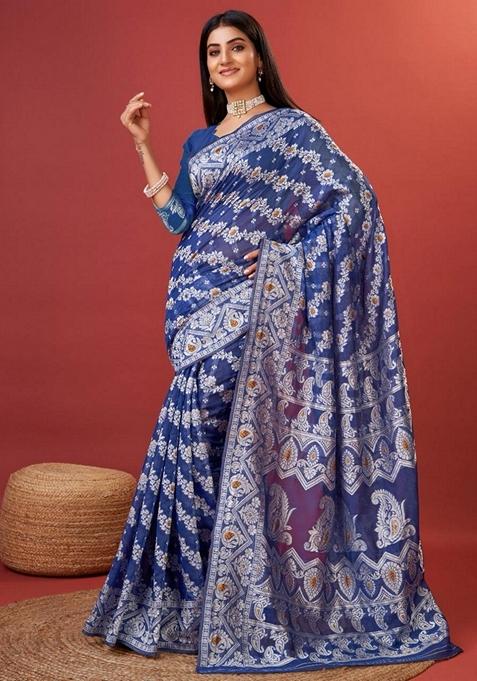 Navy Blue Jacquard Soft Cotton Saree Set