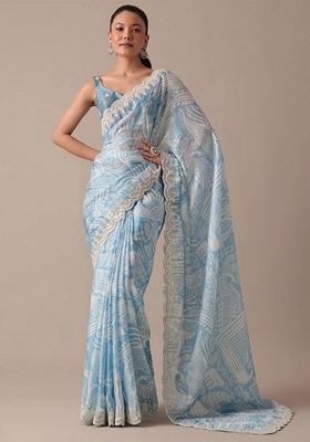 Sky Blue Sequin Embroidered Soft Chiffon Saree Set