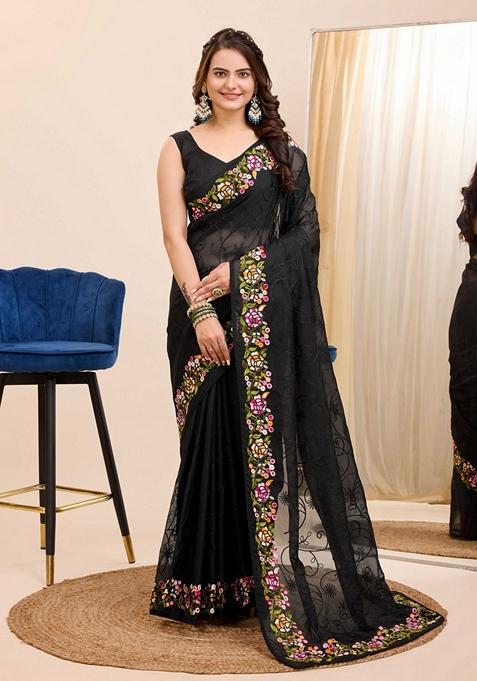 Black Embroidered Tabby Silk Saree Set