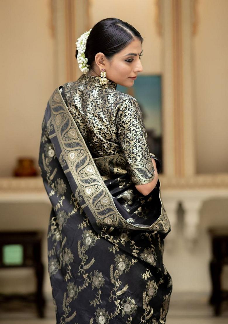 Black Jacquard Banarasi Soft Silk Saree Set