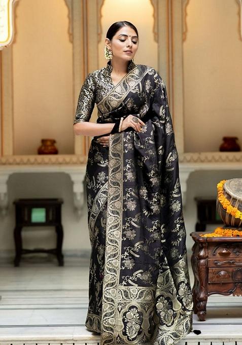 Black Jacquard Banarasi Soft Silk Saree Set