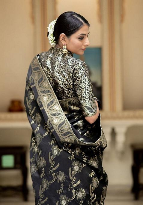 Black Jacquard Banarasi Soft Silk Saree Set