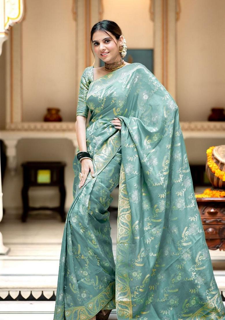 Blue Jacquard Banarasi Soft Silk Saree Set