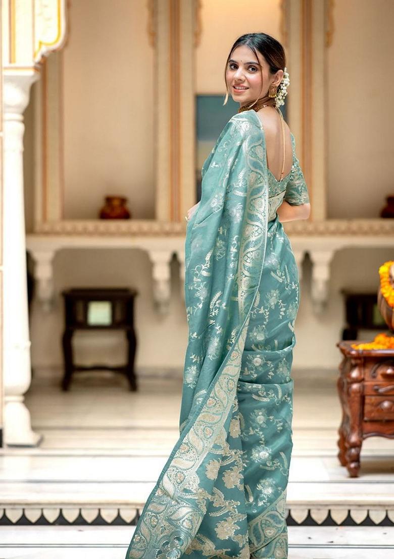 Blue Jacquard Banarasi Soft Silk Saree Set
