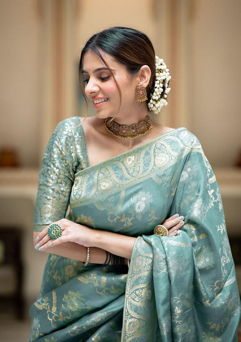 Blue Jacquard Banarasi Soft Silk Saree Set
