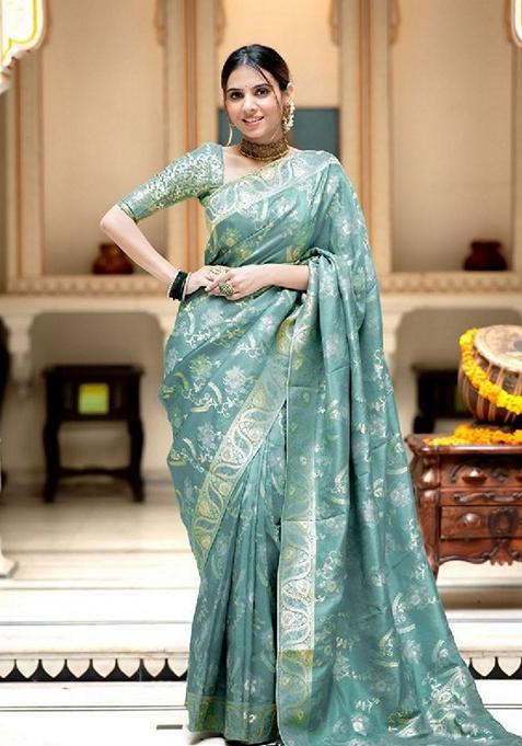 Blue Jacquard Banarasi Soft Silk Saree Set