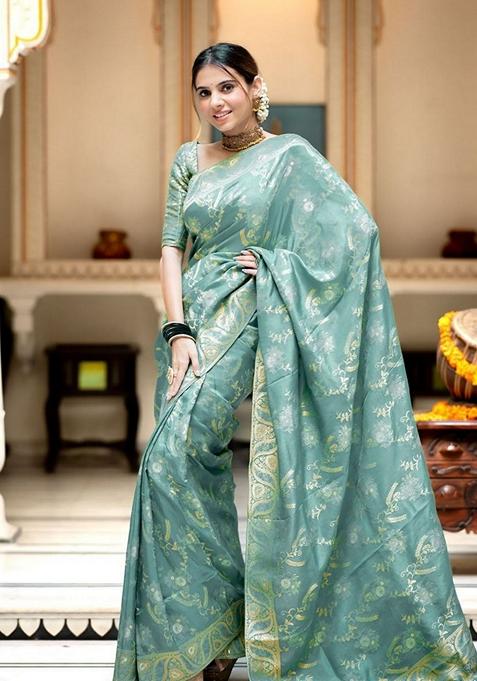 Blue Jacquard Banarasi Soft Silk Saree Set