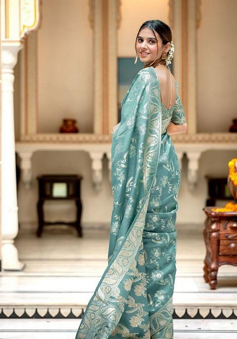 Blue Jacquard Banarasi Soft Silk Saree Set