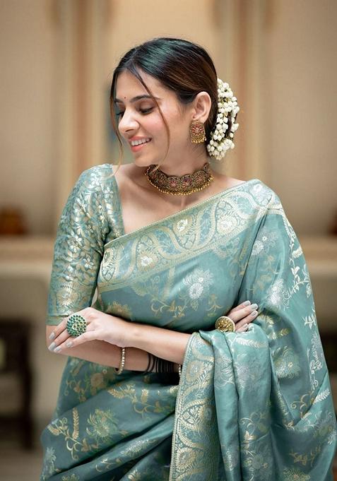 Blue Jacquard Banarasi Soft Silk Saree Set