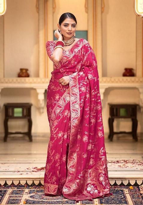 Pink Jacquard Banarasi Soft Silk Saree Set
