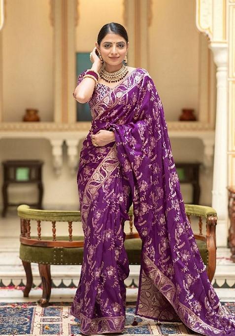 Purple Jacquard Banarasi Soft Silk Saree Set