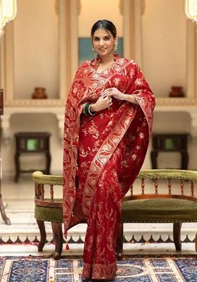 Red Jacquard Banarasi Soft Silk Saree Set