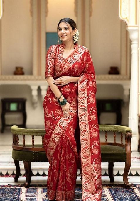 Red Jacquard Banarasi Soft Silk Saree Set