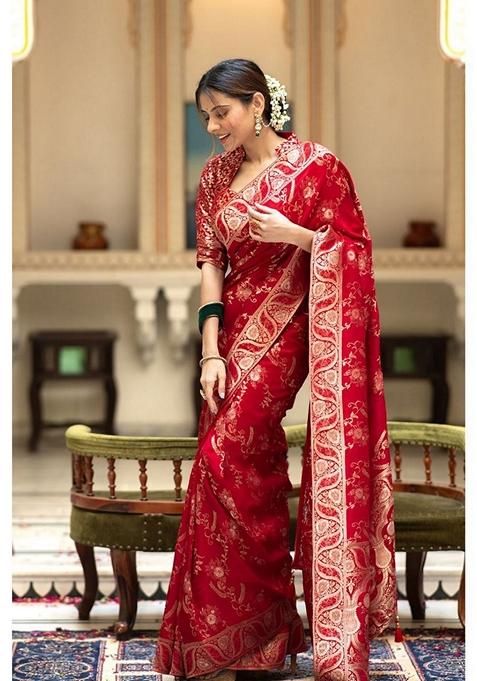 Red Jacquard Banarasi Soft Silk Saree Set