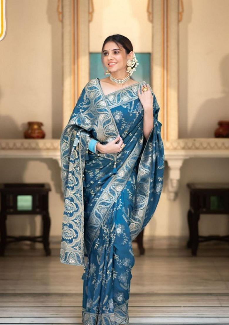 Teal Jacquard Banarasi Soft Silk Saree Set