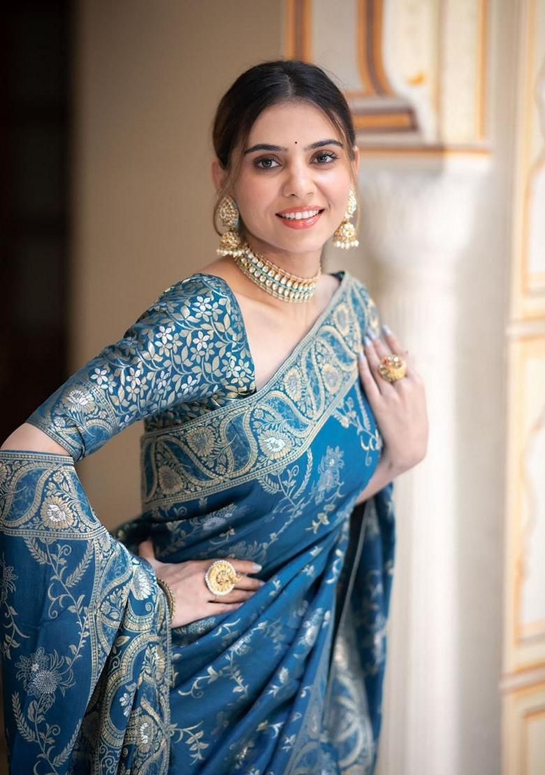 Teal Jacquard Banarasi Soft Silk Saree Set