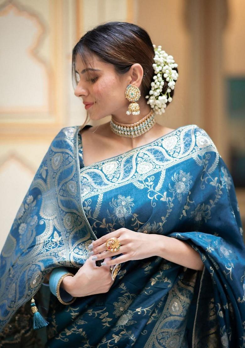 Teal Jacquard Banarasi Soft Silk Saree Set