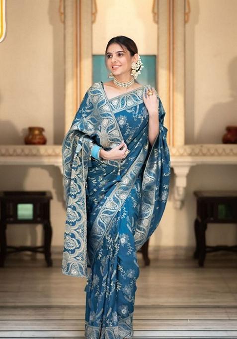 Teal Jacquard Banarasi Soft Silk Saree Set