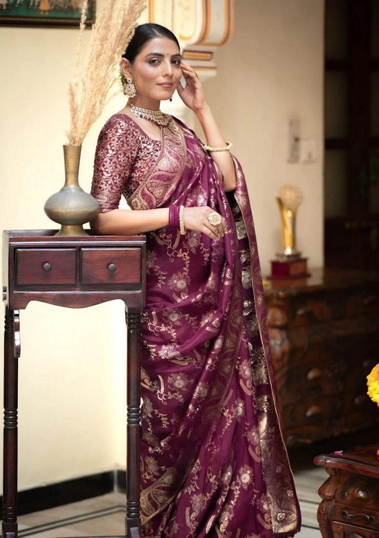 Wine Jacquard Banarasi Soft Silk Saree Set