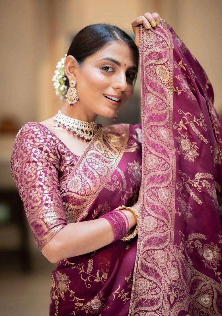 Wine Jacquard Banarasi Soft Silk Saree Set