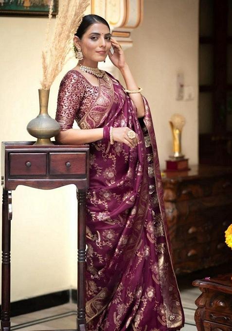 Wine Jacquard Banarasi Soft Silk Saree Set