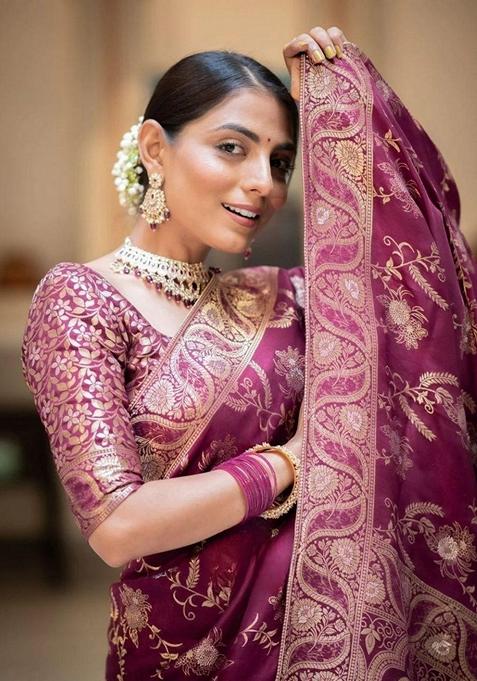 Wine Jacquard Banarasi Soft Silk Saree Set