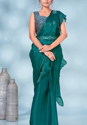 Teal Blue Embroidered Silk Saree Set
