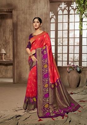 Red Jacquard Dola Silk Saree Set