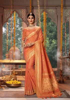 Peach Embroidered Banarasi Silk Saree Set