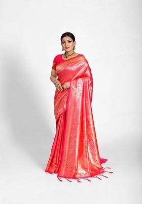 Pink Woven Jacquard Silk Saree Set