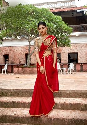 Red Embroidered Chiffon Saree Set
