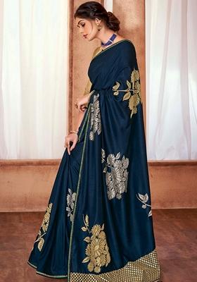 Navy Blue Embroidered Silk Saree Set