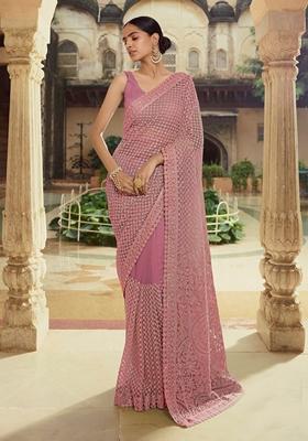 Light Pink Thread Embroidered Soft Net Saree Set