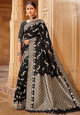 Black Woven Jacquard Silk Saree Set