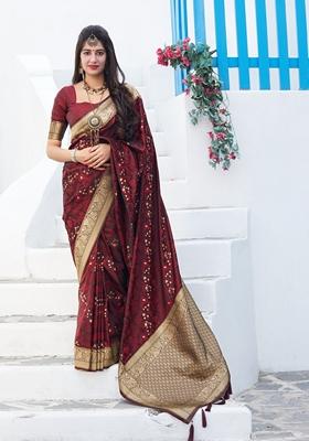 Maroon Zari Woven Banarasi Silk Saree Set