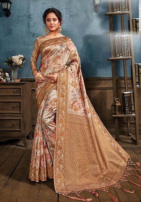 Multicolour Digital Print Silk Saree Set