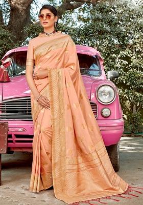Peach Woven Jacquard Silk Saree Set